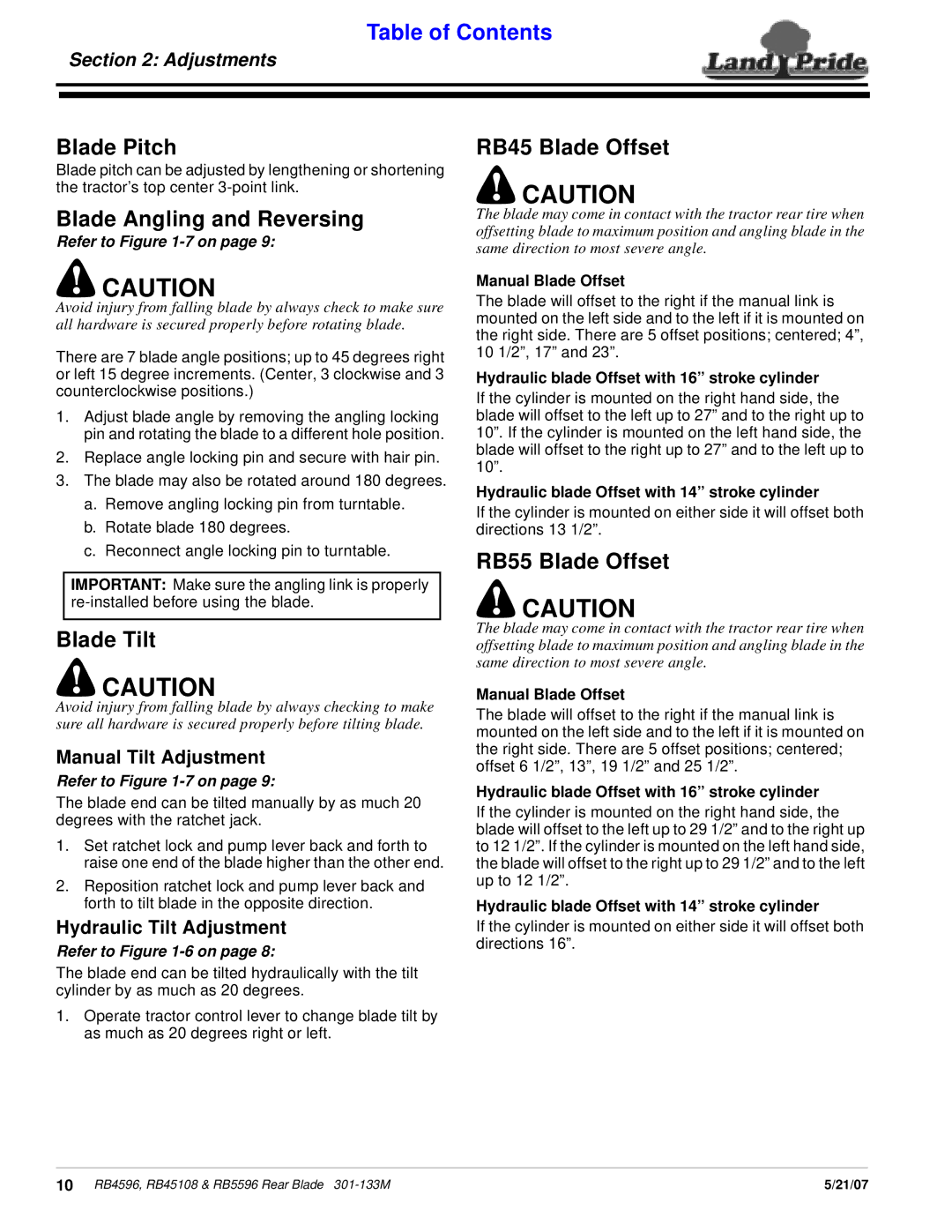 Land Pride RB5596, RB4596 manual Blade Pitch, Blade Angling and Reversing, Blade Tilt, RB45 Blade Offset, RB55 Blade Offset 
