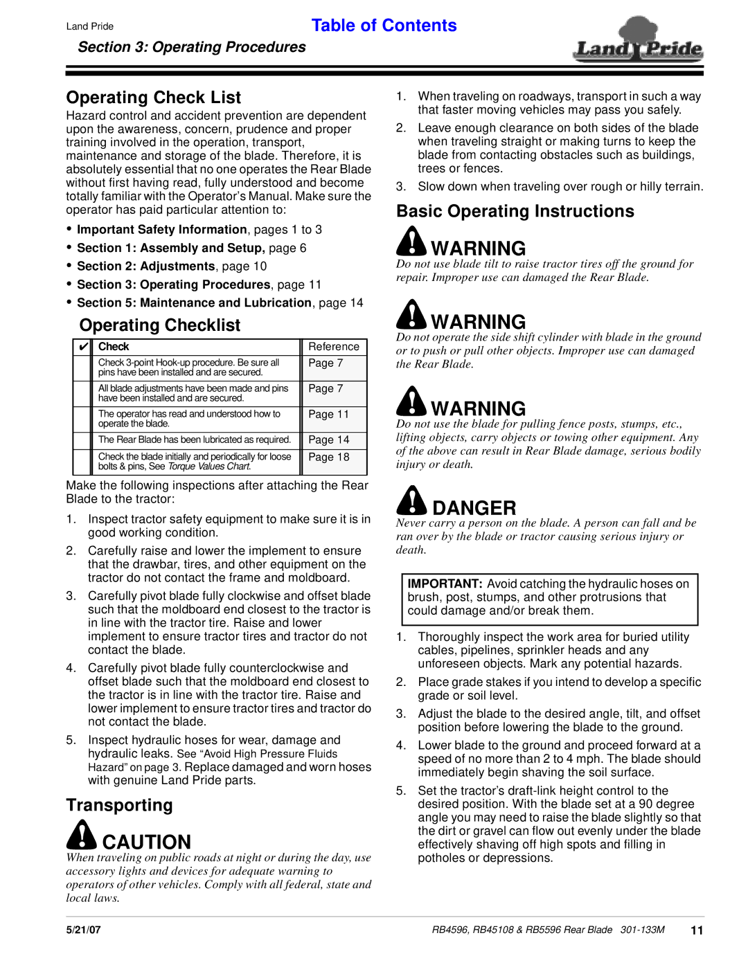 Land Pride RB4596, RB5596, RB45108 Operating Check List, Operating Checklist, Transporting, Basic Operating Instructions 