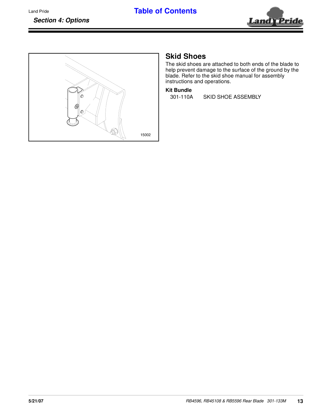 Land Pride RB5596, RB4596, RB45108 manual Skid Shoes, Kit Bundle 