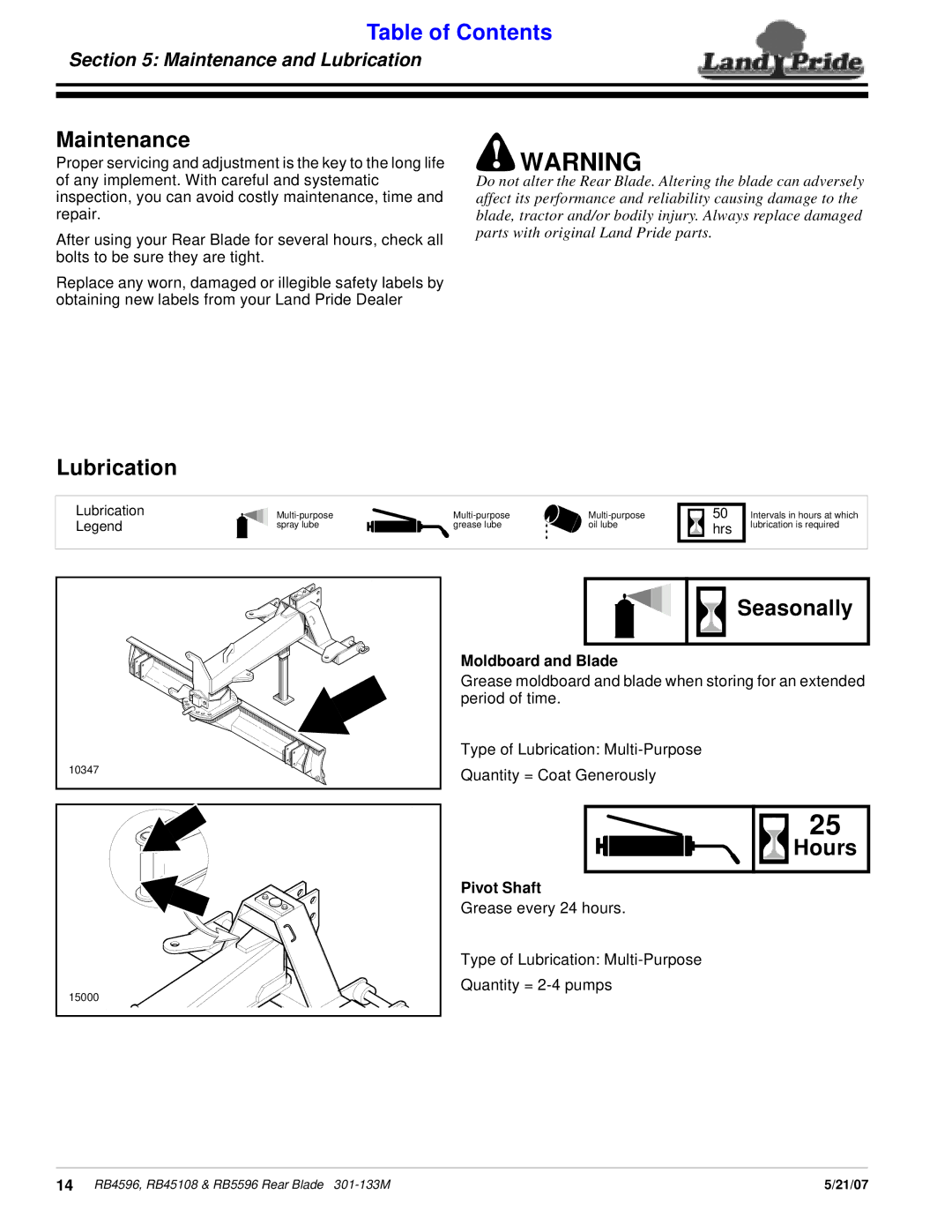 Land Pride RB4596, RB5596, RB45108 manual Maintenance, Lubrication, Seasonally, Hours 