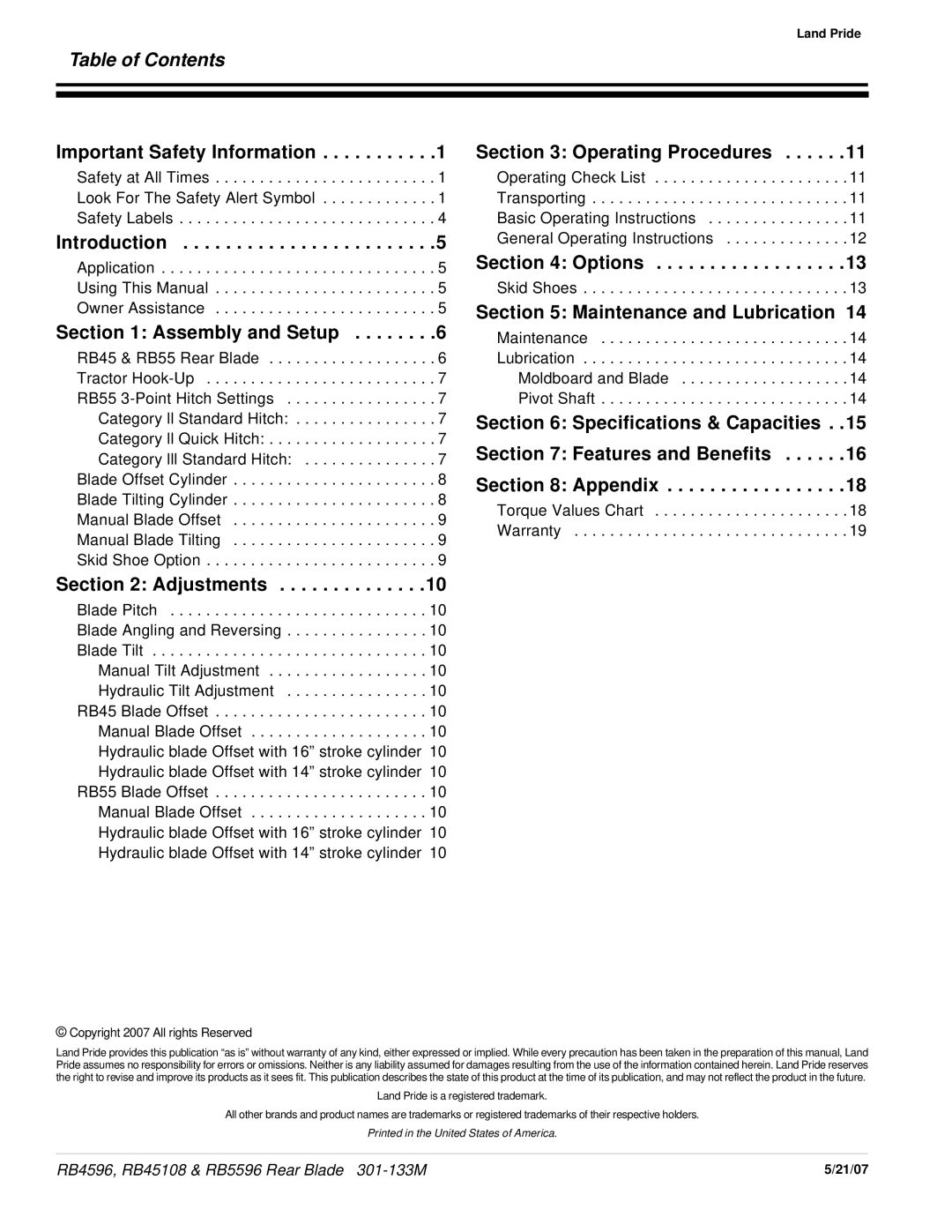 Land Pride RB45108, RB5596, RB4596 manual Table of Contents 