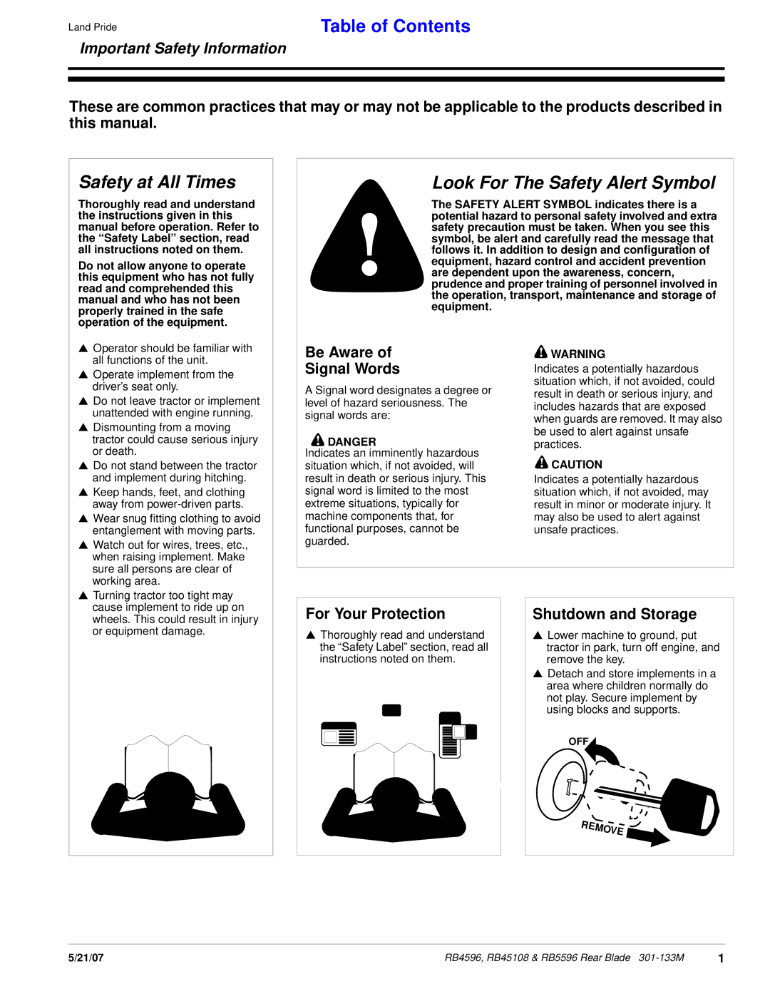 Land Pride RB5596, RB4596, RB45108 manual Safety at All Times 