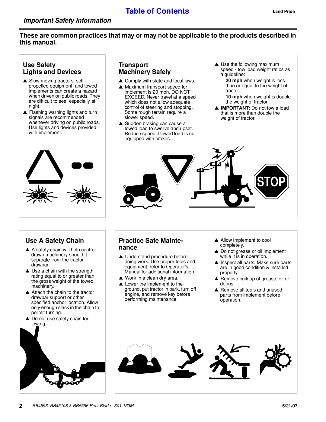 Land Pride RB4596, RB5596, RB45108 manual Transport Machinery Safely, Use a Safety Chain, Practice Safe Mainte- nance 