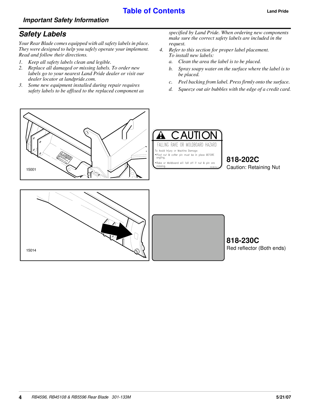 Land Pride RB5596, RB4596, RB45108 manual Safety Labels, 818-202C 818-230C 