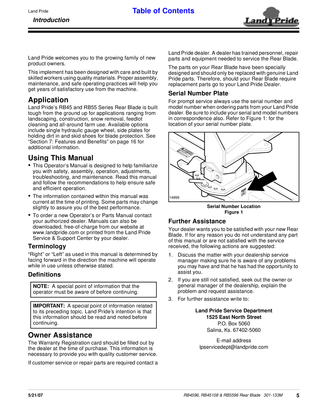 Land Pride RB4596, RB5596, RB45108 manual Application, Using This Manual, Owner Assistance 