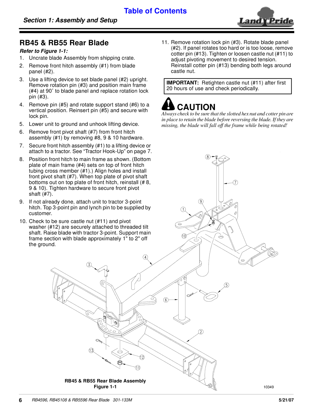 Land Pride RB45108, RB5596, RB4596 manual RB45 & RB55 Rear Blade, Refer to Figure 