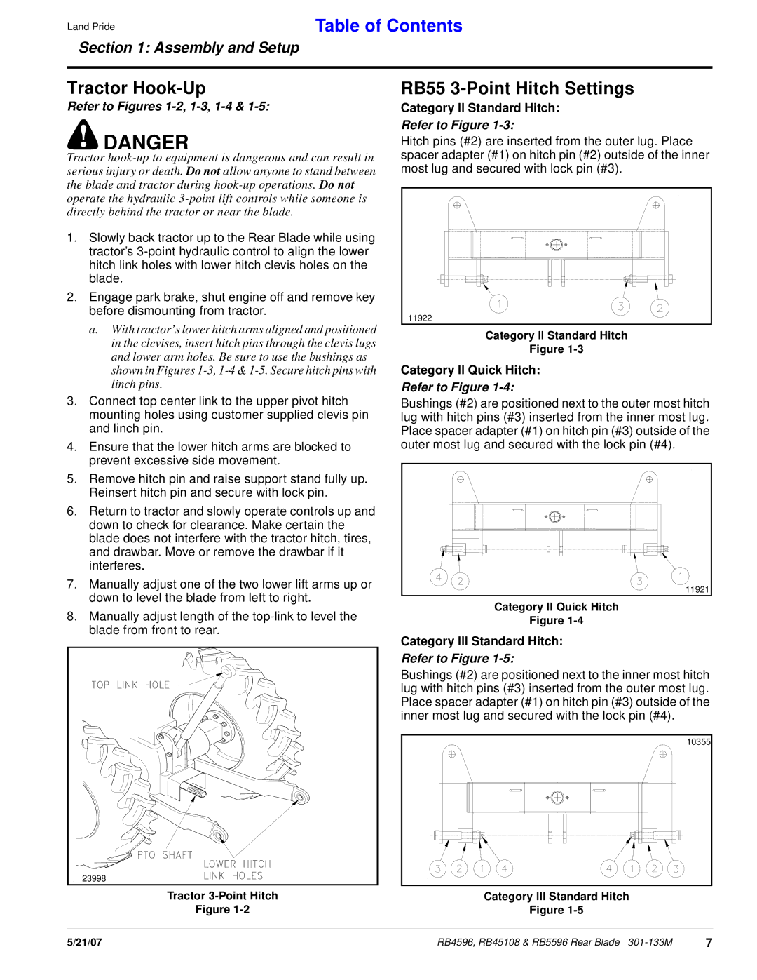 Land Pride RB5596 manual Tractor Hook-Up, RB55 3-Point Hitch Settings, Category ll Standard Hitch, Category ll Quick Hitch 