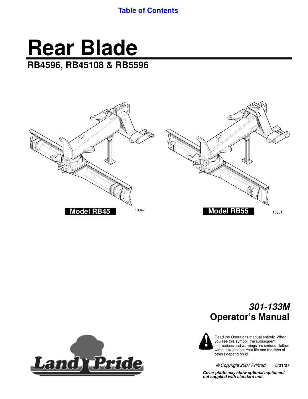 Land Pride manual Table of Contents, Model RB45, Model RB55, Rear Blade, RB4596, RB45108 & RB5596, 5/21/07, 10347 