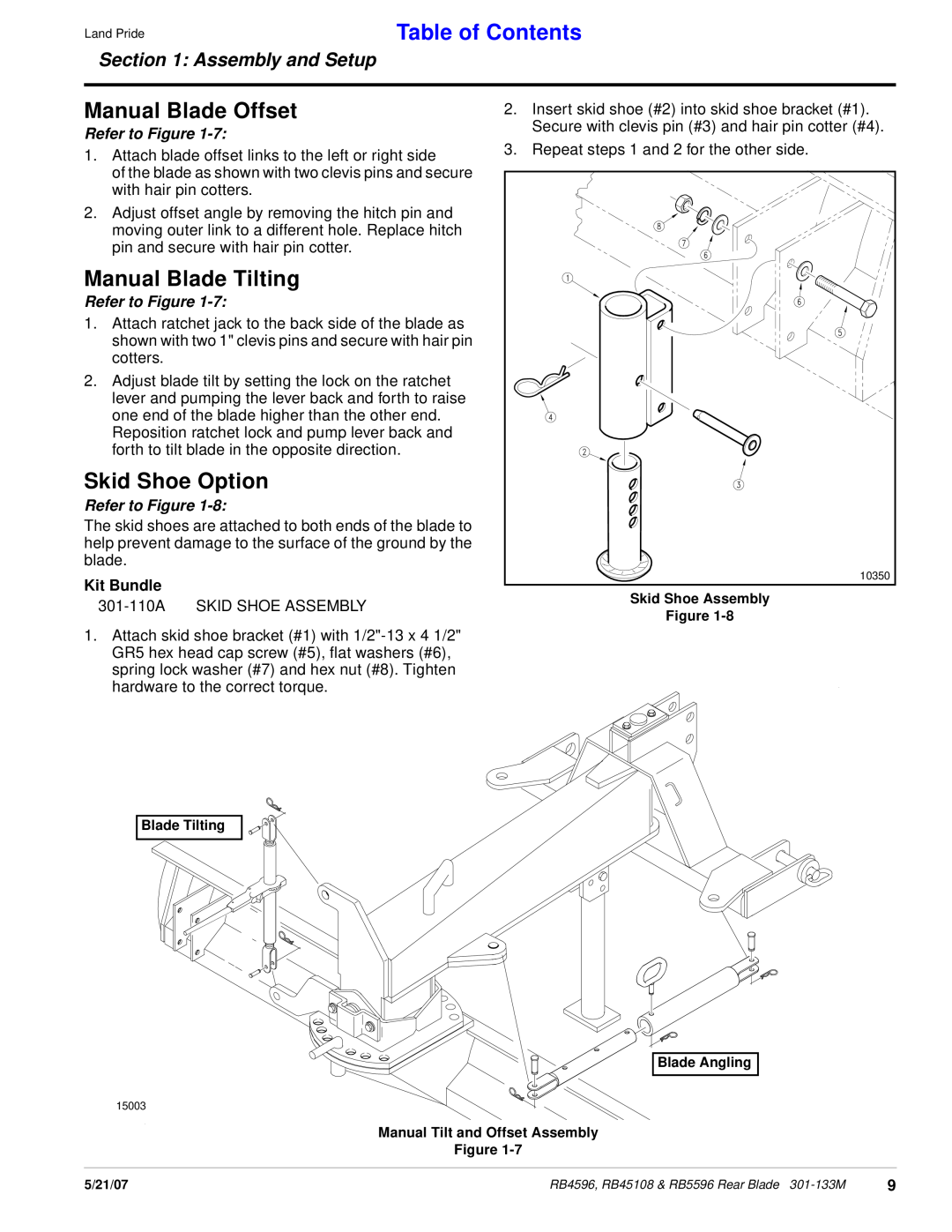 Land Pride RB45108, RB5596 manual Manual Blade Offset, Manual Blade Tilting, Skid Shoe Option, Kit Bundle, Table of Contents 