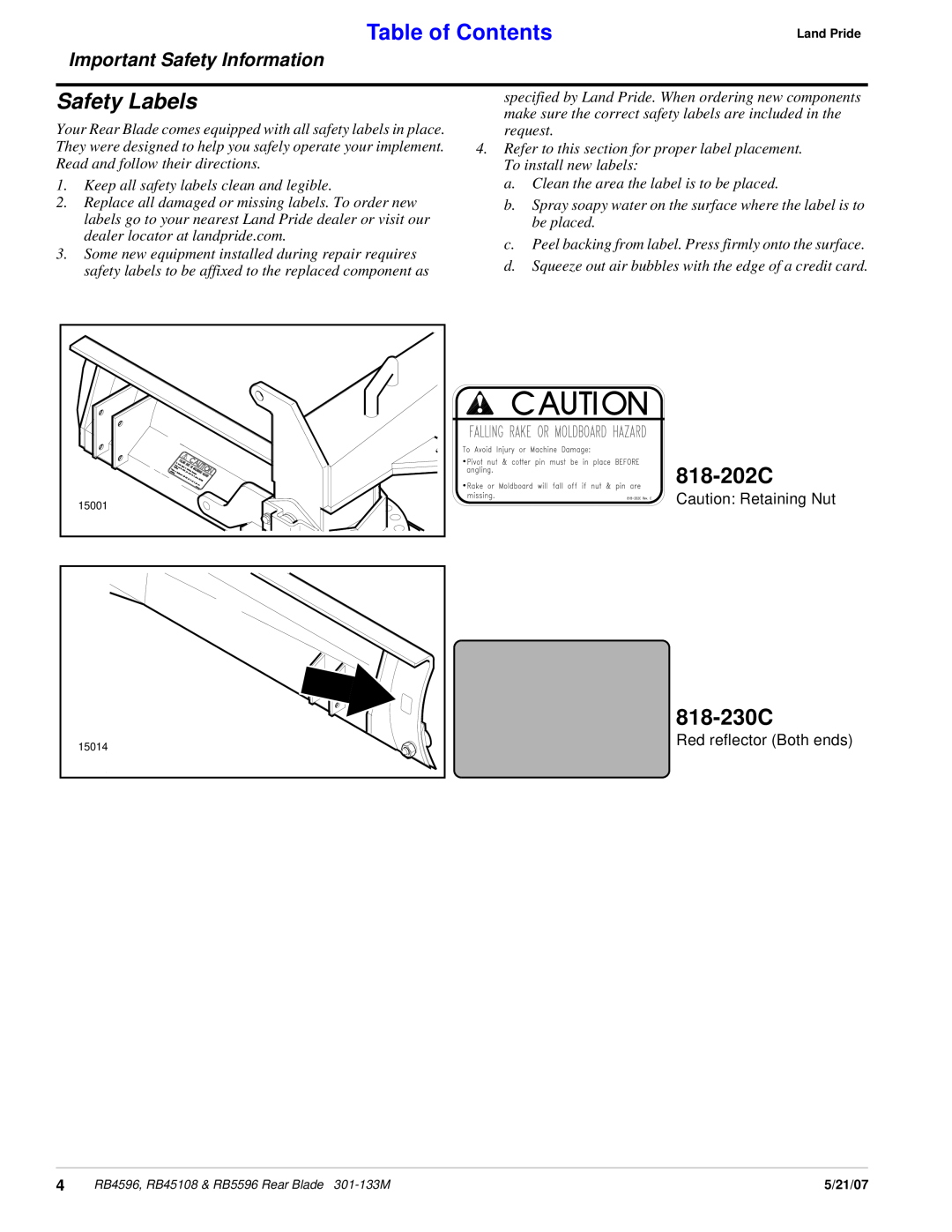 Land Pride RB5596, RB4596, RB45108 manual Safety Labels, 818-202C, 818-230C, Table of Contents, Important Safety Information 