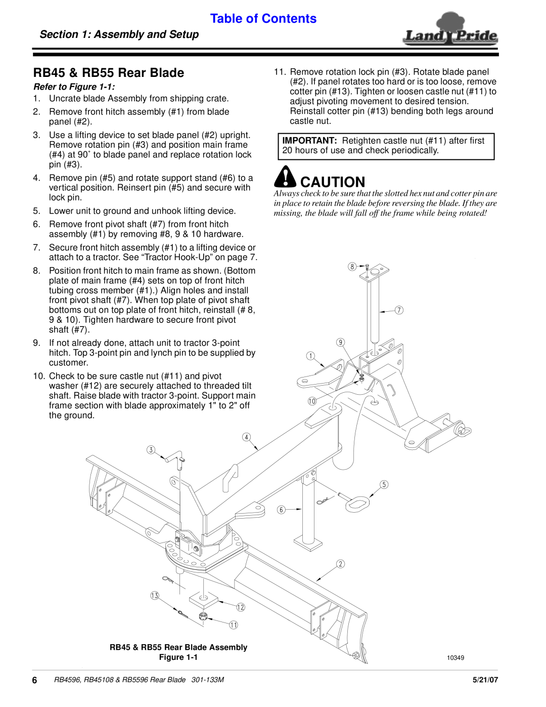 Land Pride RB45108, RB5596, RB4596 manual RB45 & RB55 Rear Blade, Assembly and Setup, Refer to Figure, Table of Contents 