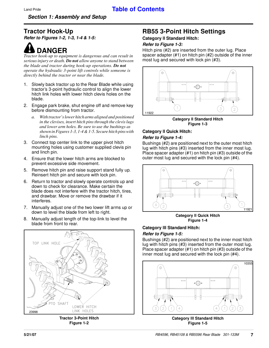 Land Pride RB5596 Danger, Tractor Hook-Up, RB55 3-Point Hitch Settings, Refer to Figures 1-2, 1-3, 1-4, Table of Contents 
