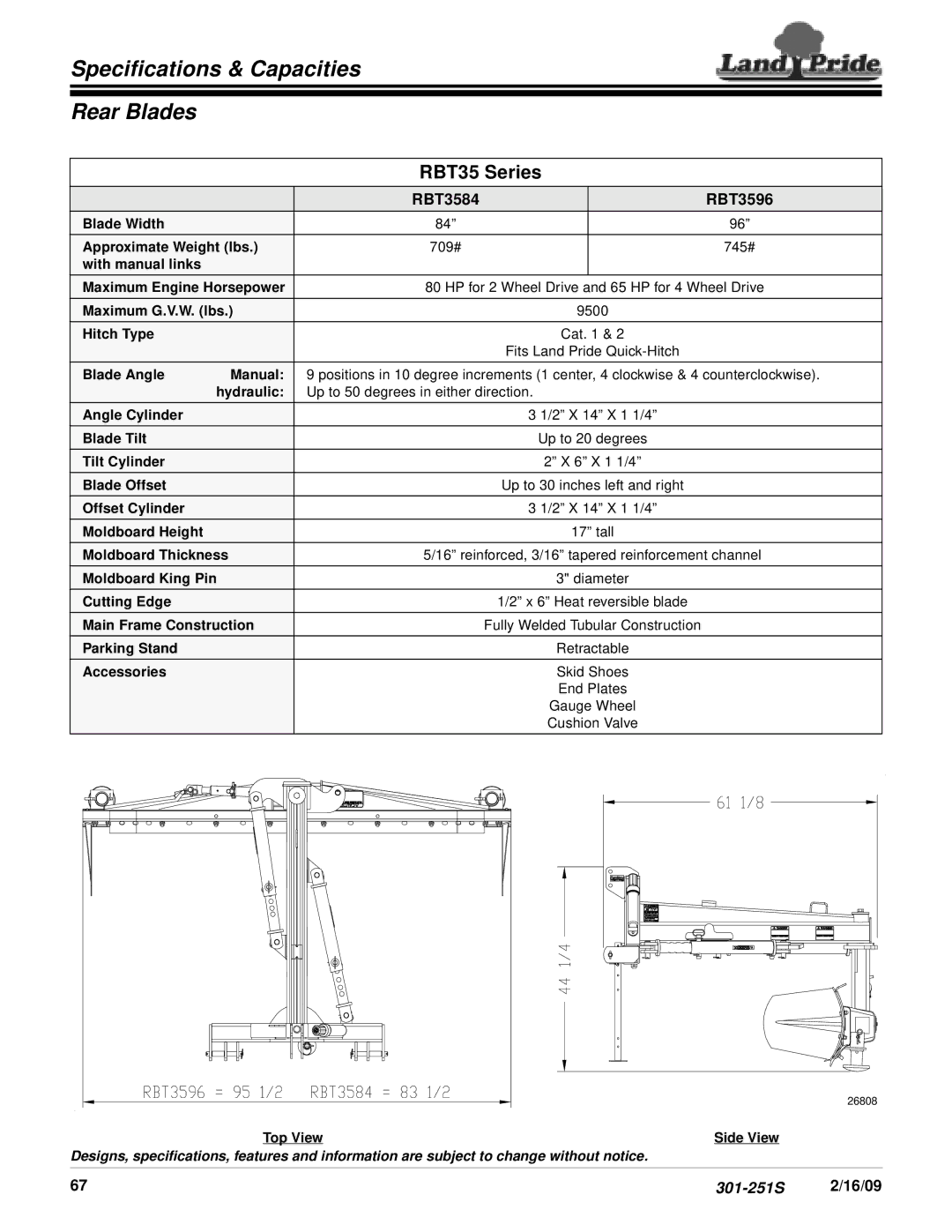 Land Pride RBT35 Series specifications Specifications & Capacities Rear Blades, RBT3584 RBT3596, 16/09 