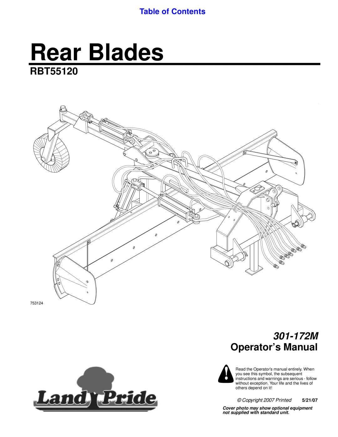Land Pride RBT55120 manual Table of Contents, Rear Blades, 301-172M Operator’s Manual, Copyright 2007 Pr inted, 5/21/07 