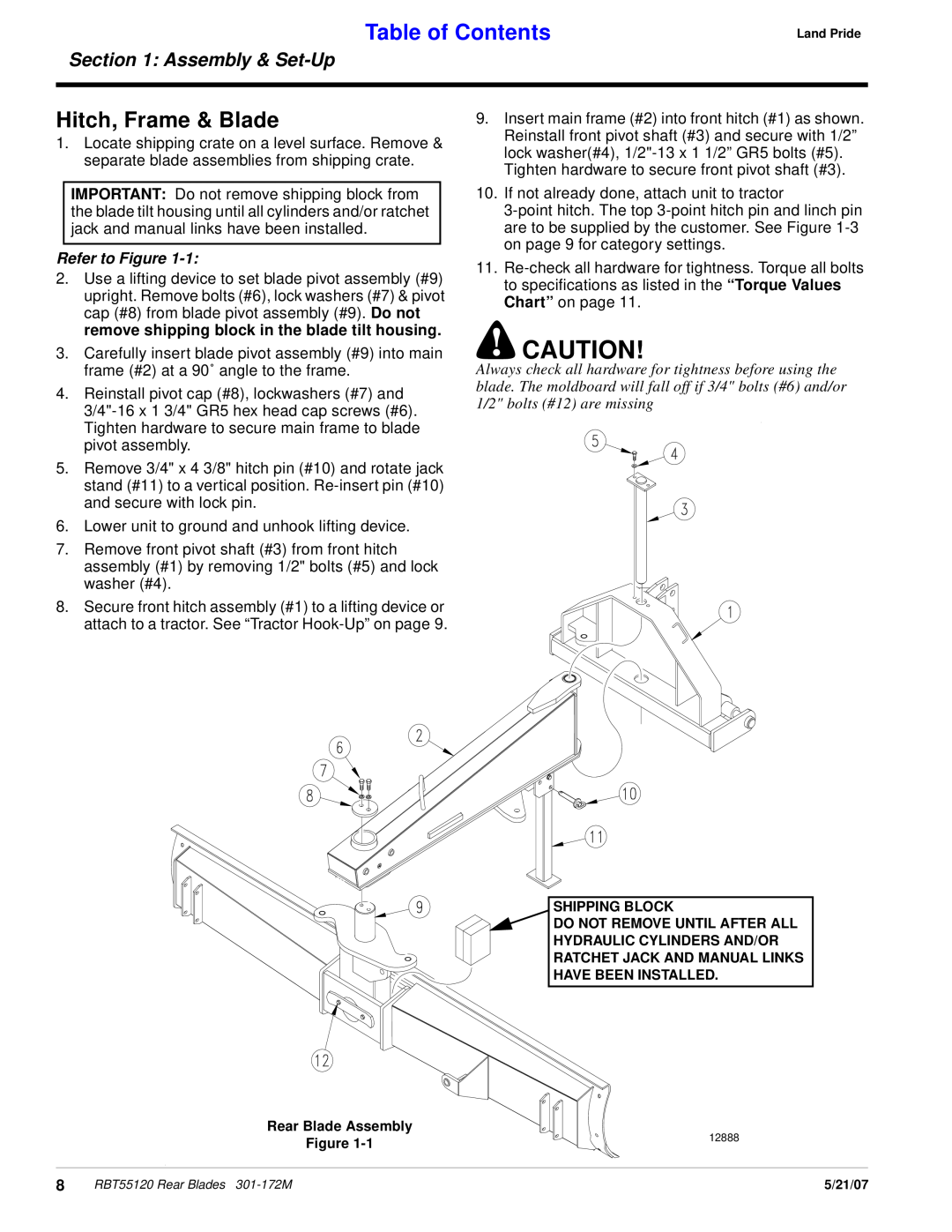 Land Pride RBT55120 manual Hitch, Frame & Blade, Refer to Figure, Table of Contents, Assembly & Set-Up 