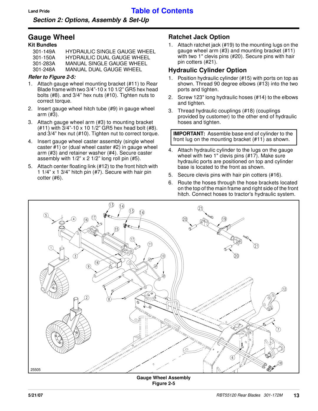 Land Pride RBT55120 manual Gauge Wheel, Ratchet Jack Option, Hydraulic Cylinder Option, Kit Bundles, Table of Contents 