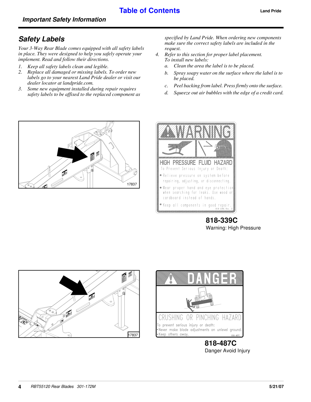 Land Pride RBT55120 manual Safety Labels, 818-339C, 818-487C, Table of Contents, Important Safety Information 