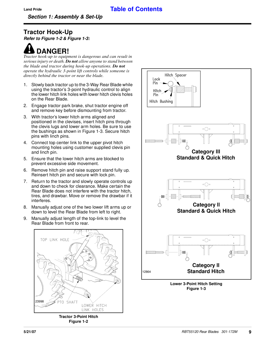 Land Pride RBT55120 manual Tractor Hook-Up, Category lll, Standard & Quick Hitch, Standard Hitch 