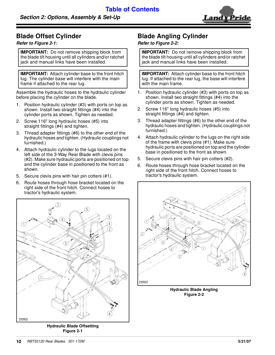 Land Pride RBT55120 manual Blade Offset Cylinder, Blade Angling Cylinder, Options, Assembly & Set-Up 