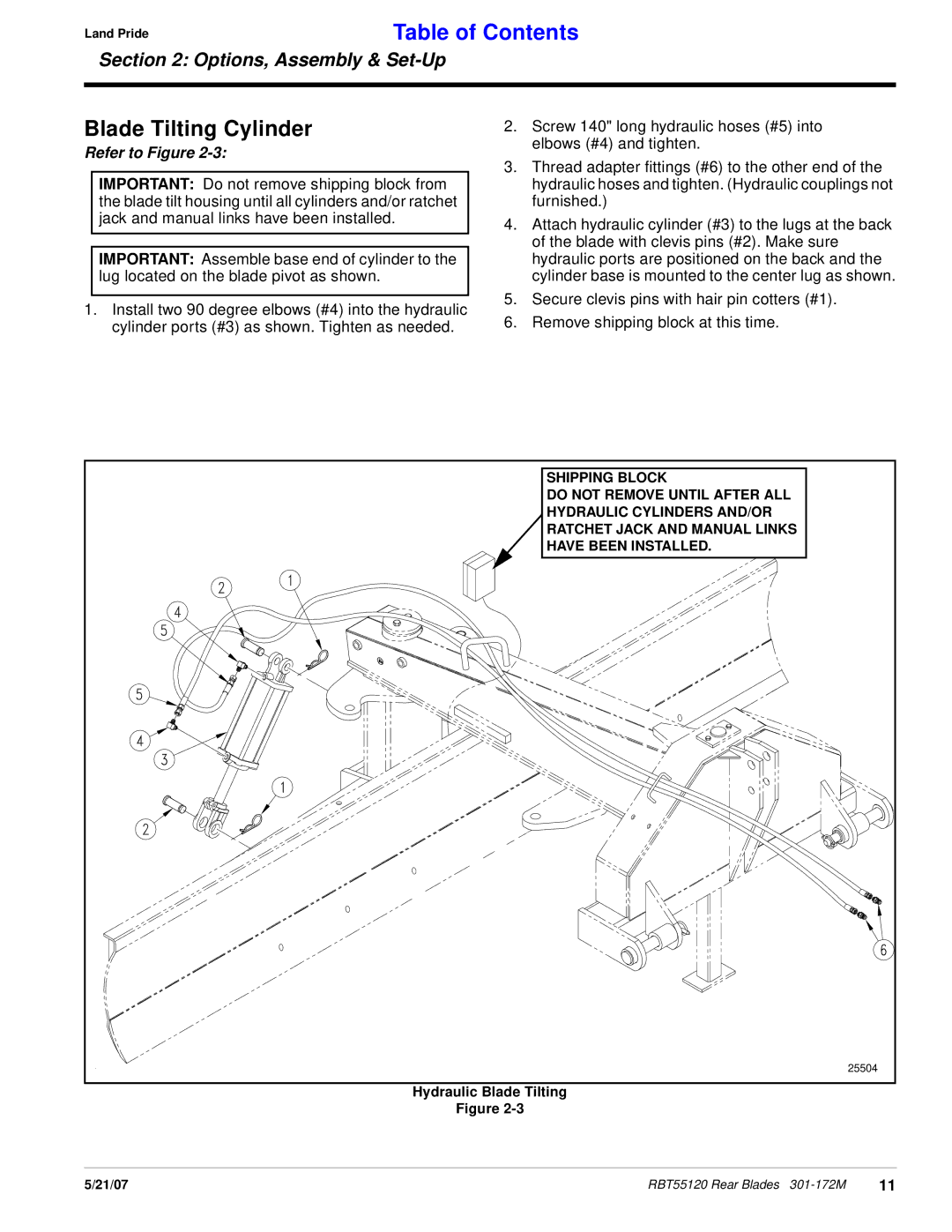 Land Pride RBT55120 manual Blade Tilting Cylinder 