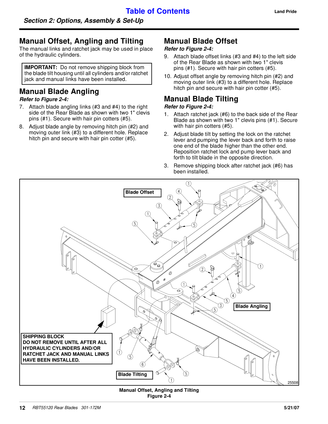 Land Pride RBT55120 Manual Offset, Angling and Tilting, Manual Blade Angling Manual Blade Offset, Manual Blade Tilting 