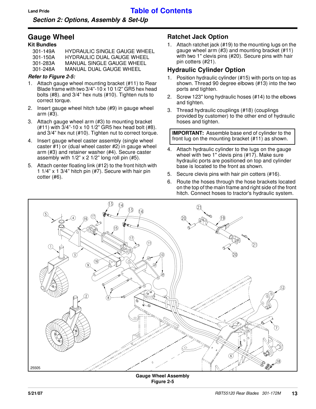 Land Pride RBT55120 manual Gauge Wheel, Ratchet Jack Option, Hydraulic Cylinder Option, Kit Bundles 