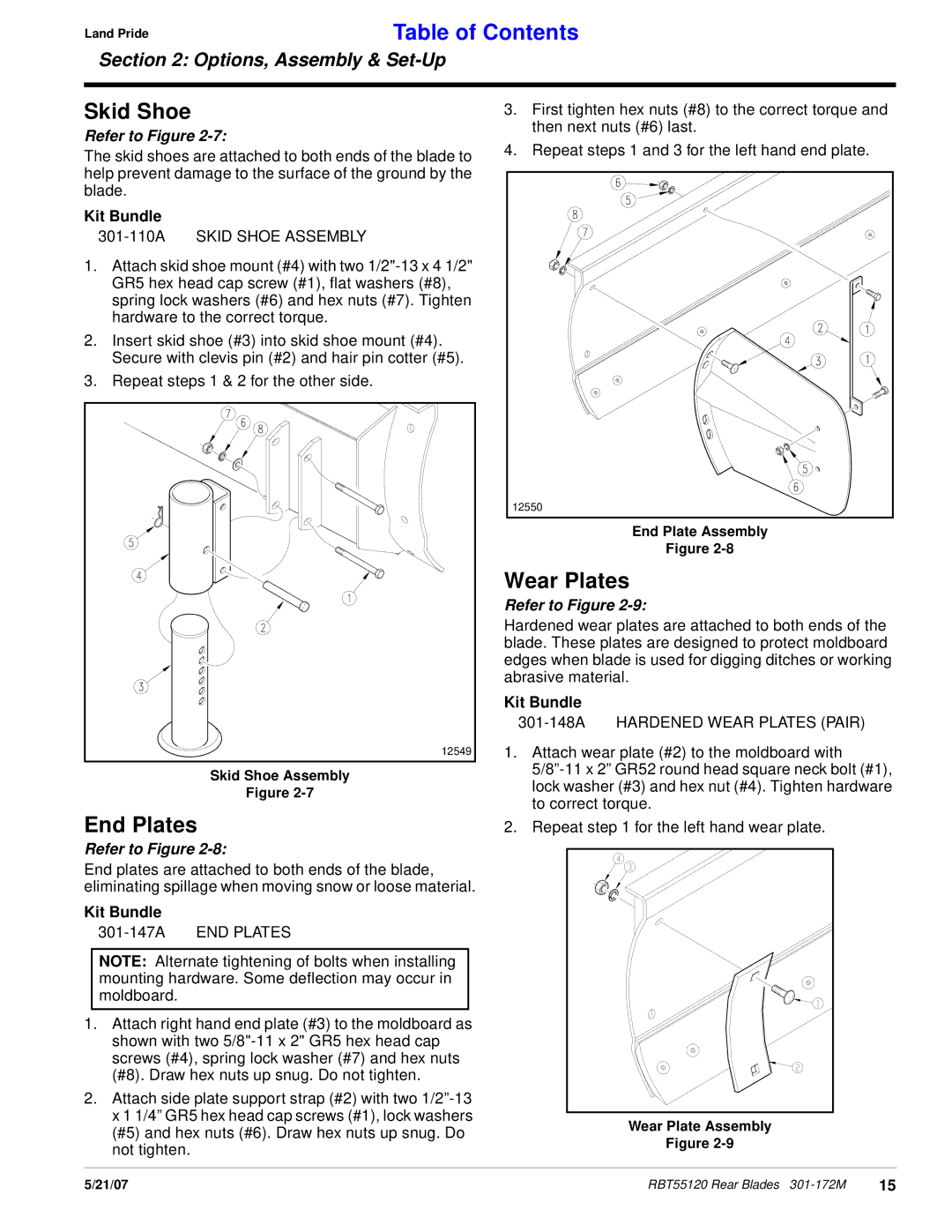 Land Pride RBT55120 manual Skid Shoe, End Plates, Wear Plates 