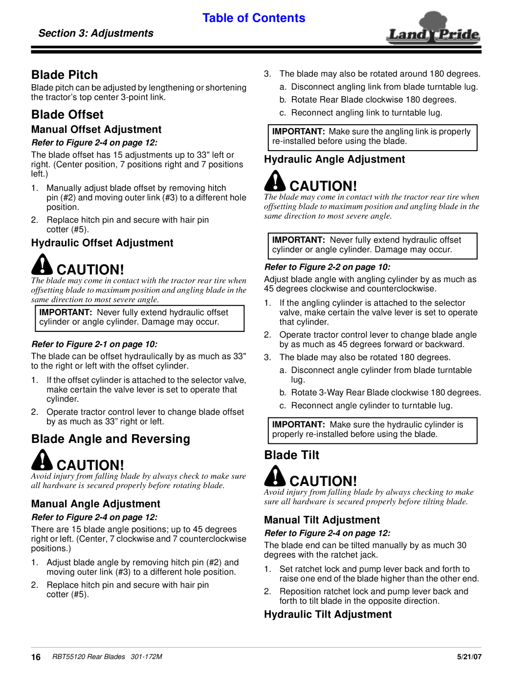 Land Pride RBT55120 manual Blade Pitch, Blade Offset, Blade Angle and Reversing, Blade Tilt, Adjustments 