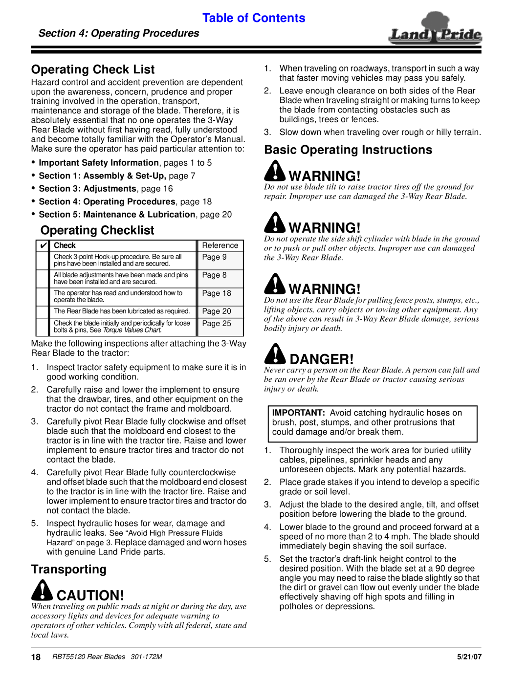 Land Pride RBT55120 manual Operating Check List, Operating Checklist, Transporting, Basic Operating Instructions 