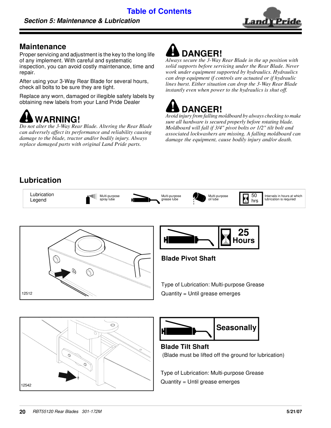 Land Pride RBT55120 manual Hours, Seasonally, Maintenance & Lubrication 