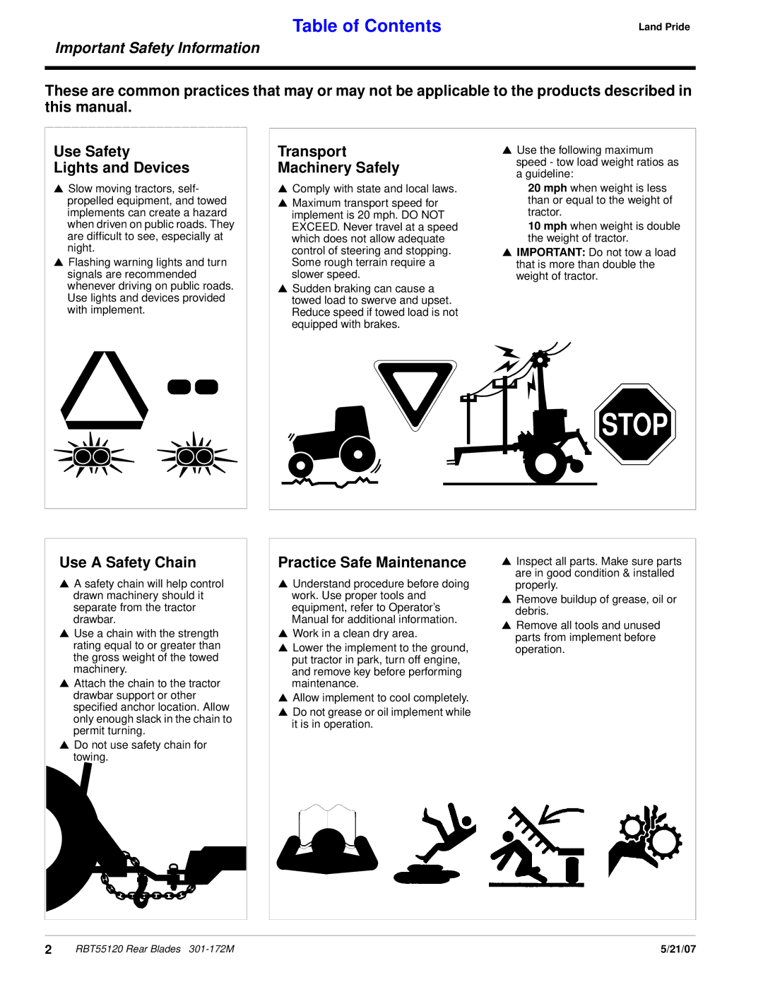 Land Pride RBT55120 manual Transport Machinery Safely, Use a Safety Chain, Practice Safe Maintenance 