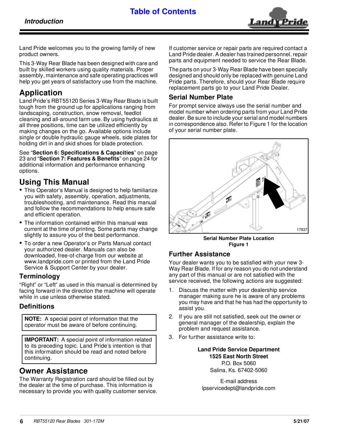 Land Pride RBT55120 manual Application, Using This Manual, Owner Assistance, Introduction 