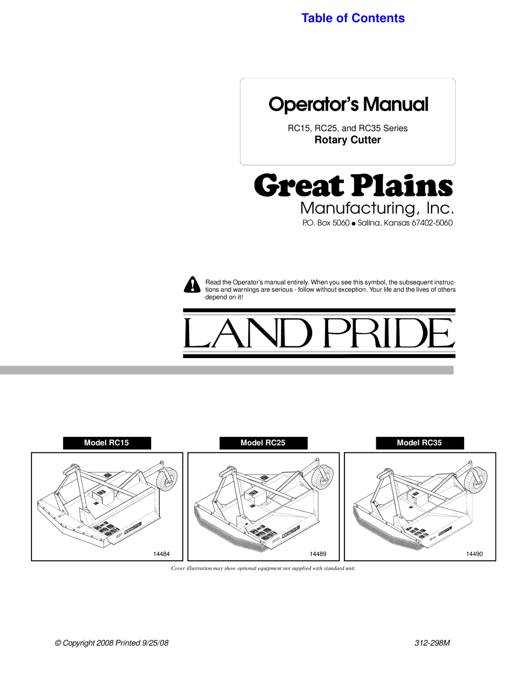 Land Pride RC35 Series, RC25 Series, RC15 Series manual Operator’s Manual, Rotary Cutter 