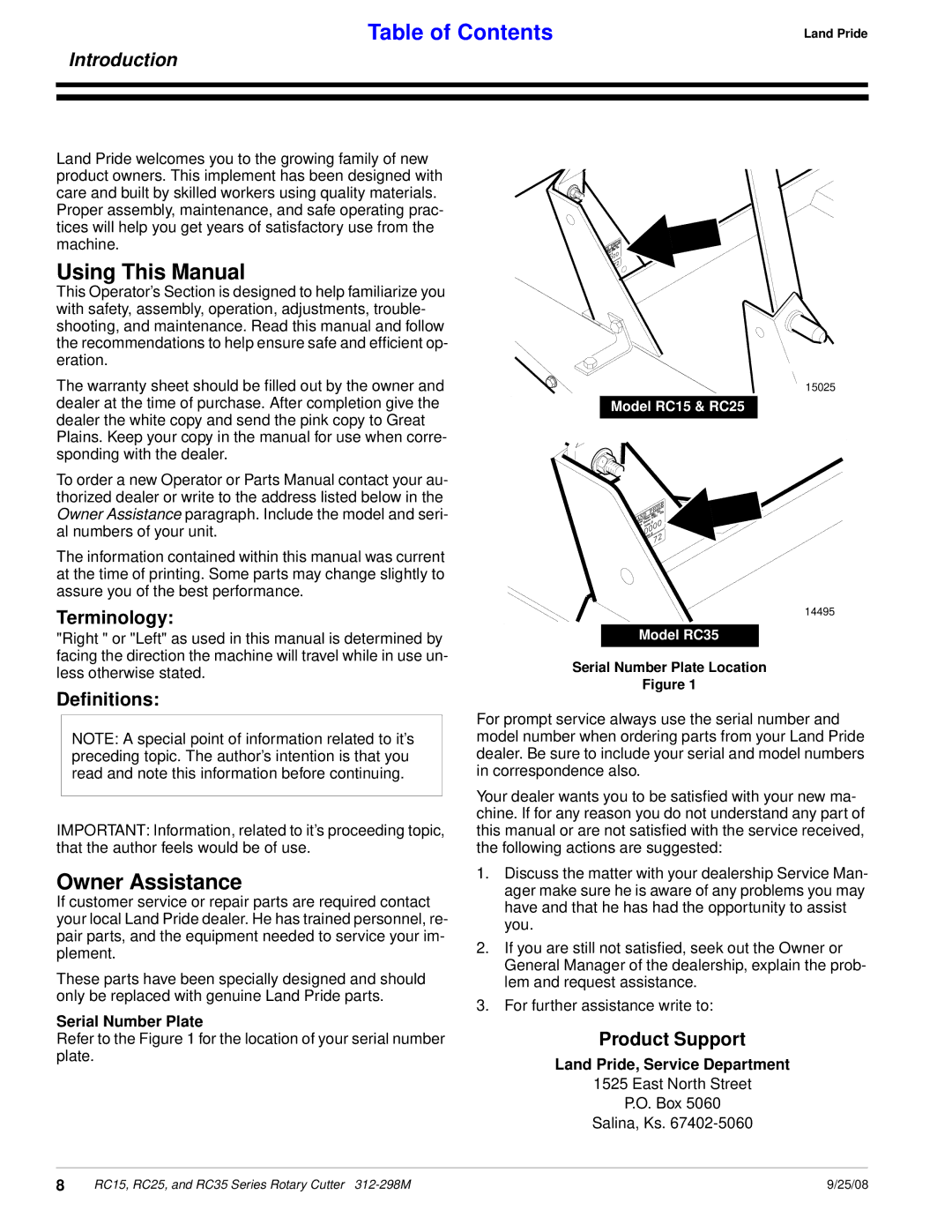 Land Pride RC35 Series, RC25 Series manual Using This Manual, Owner Assistance, Terminology, Deﬁnitions, Product Support 