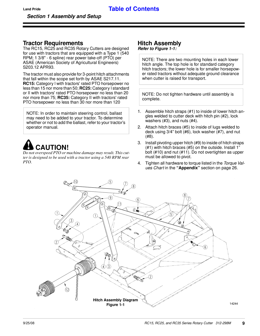 Land Pride RC15 Series, RC25 Series, RC35 Series manual Tractor Requirements, Hitch Assembly 