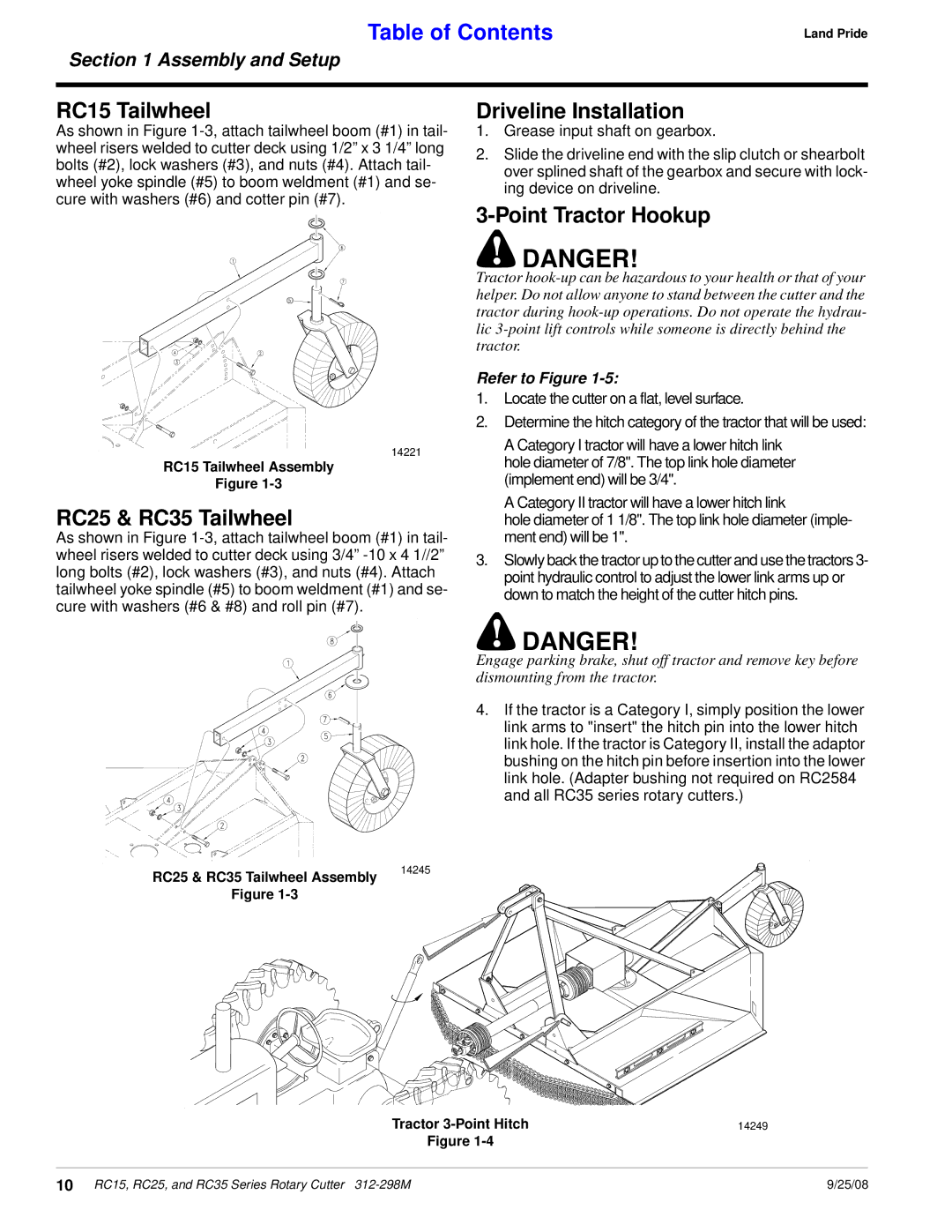 Land Pride RC25 Series, RC35 Series RC15 Tailwheel, RC25 & RC35 Tailwheel, Driveline Installation, Point Tractor Hookup 