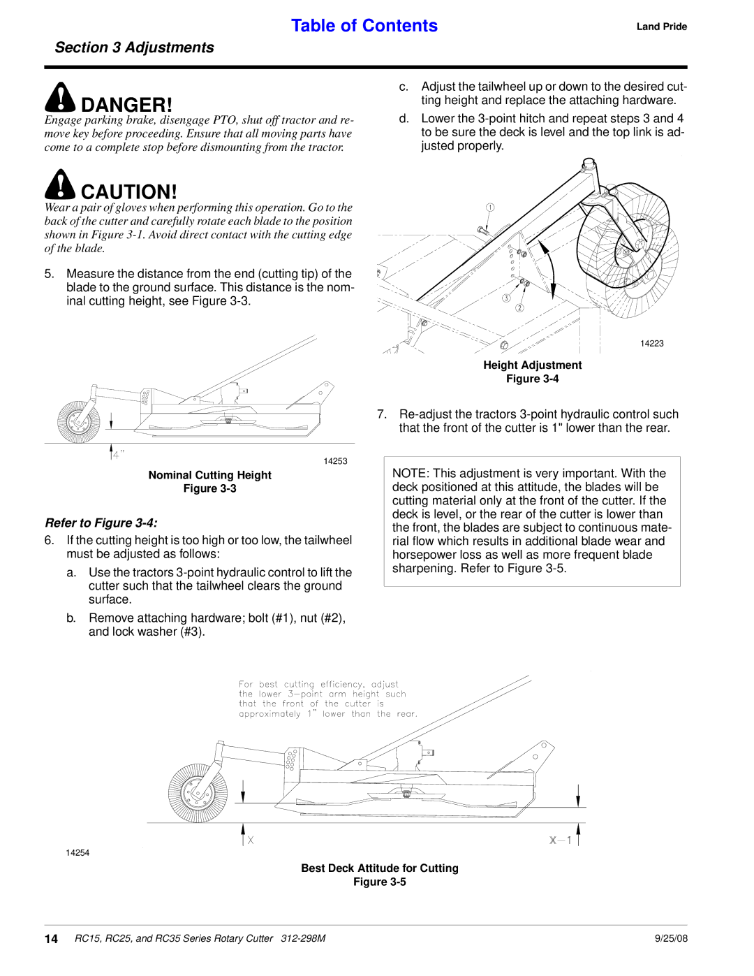 Land Pride RC35 Series, RC25 Series, RC15 Series manual Height Adjustment 