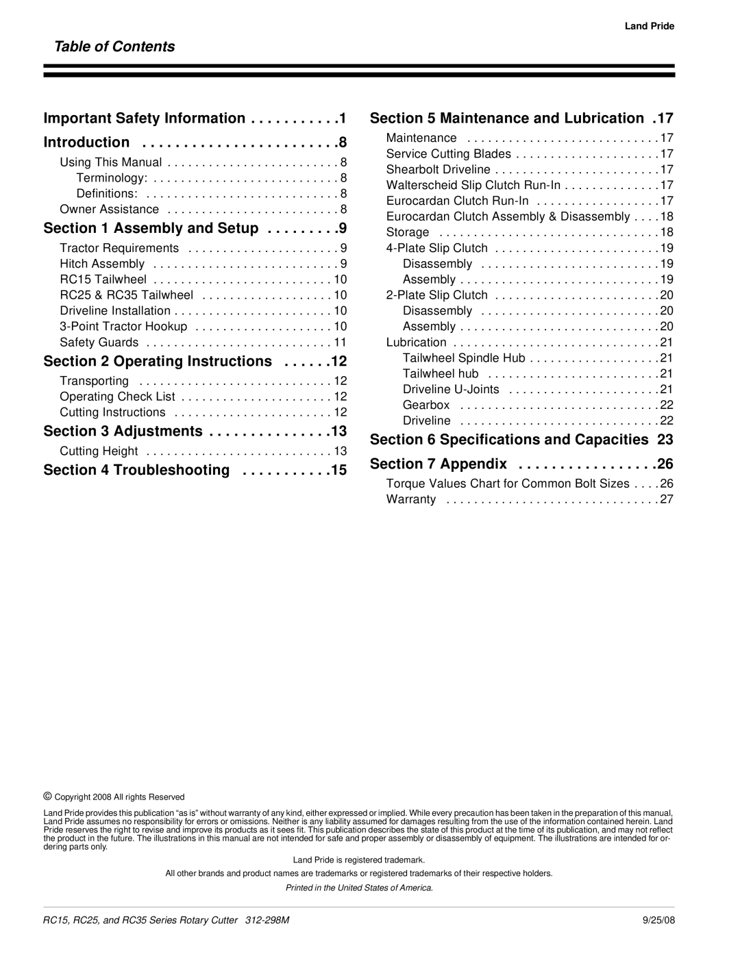 Land Pride RC15 Series, RC25 Series, RC35 Series manual Table of Contents 