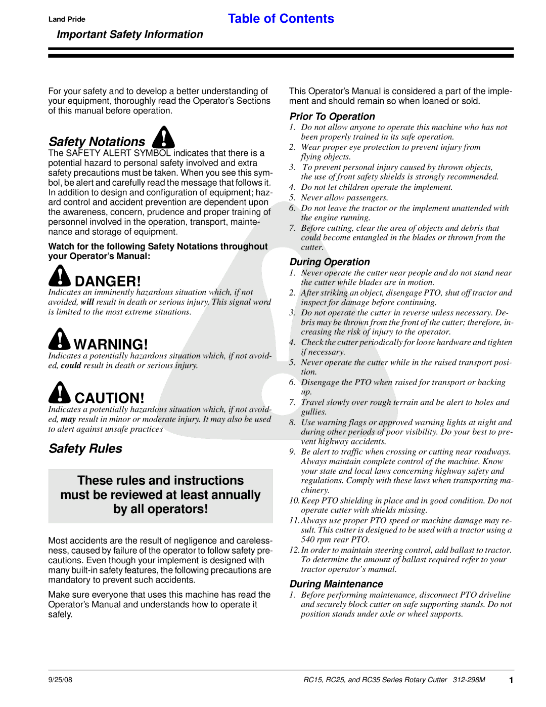 Land Pride RC25 Series, RC35 Series, RC15 Series manual Safety Notations 