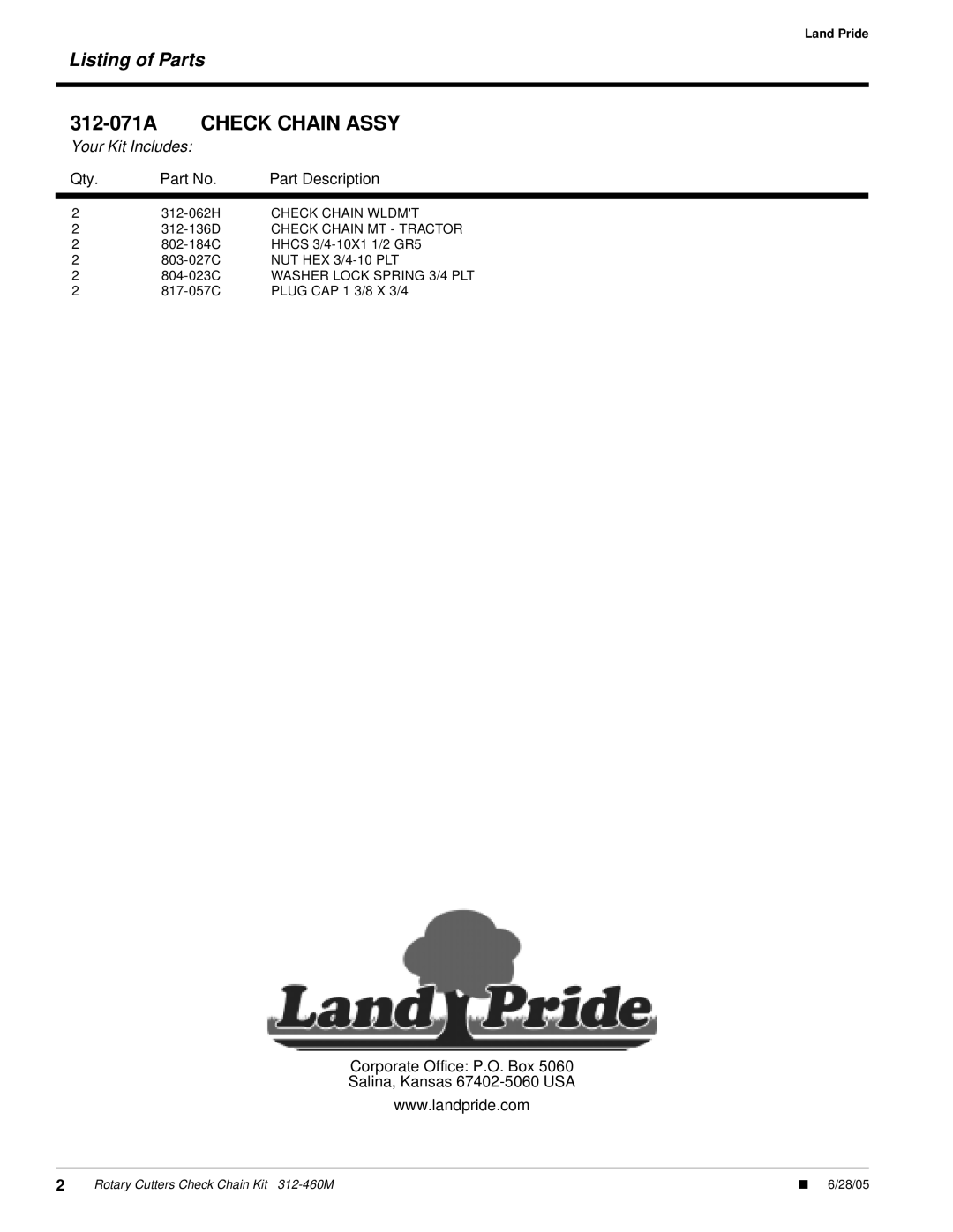 Land Pride RC25 Listing of Parts, 312-071ACHECK CHAIN ASSY, Your Kit Includes, Part Description, Corporate Office P.O. Box 
