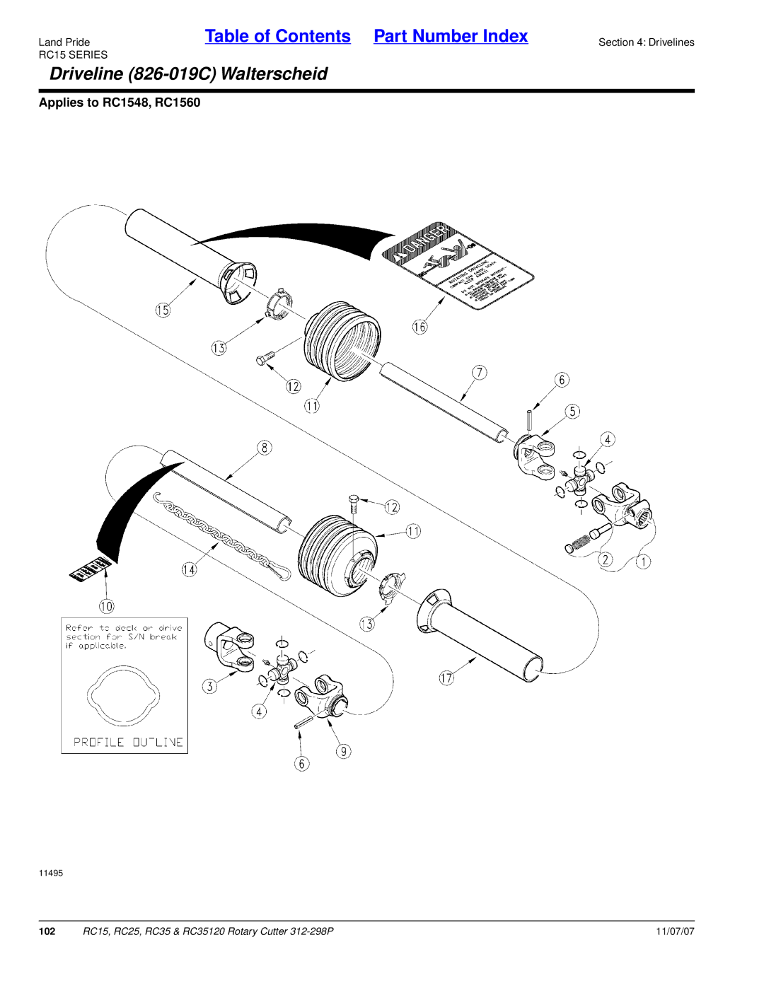 Land Pride RC25, RC35120, RC15 manual Driveline 826-019C Walterscheid 