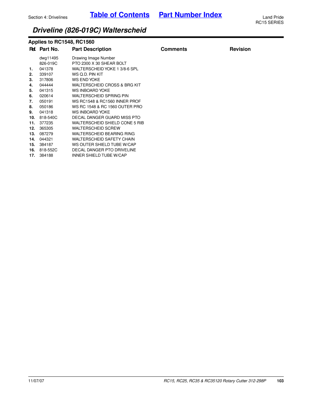 Land Pride RC15, RC35120 Walterscheid Yoke 1 3/8-6 SPL, WS END Yoke, Walterscheid Cross & BRG KIT, Walterscheid Spring PIN 