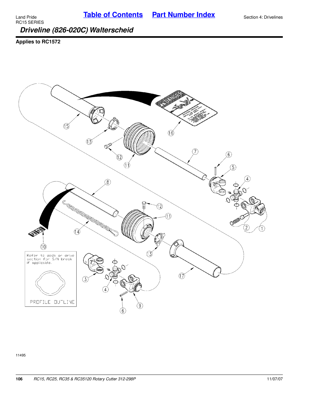 Land Pride RC25, RC35120, RC15 manual Driveline 826-020C Walterscheid 