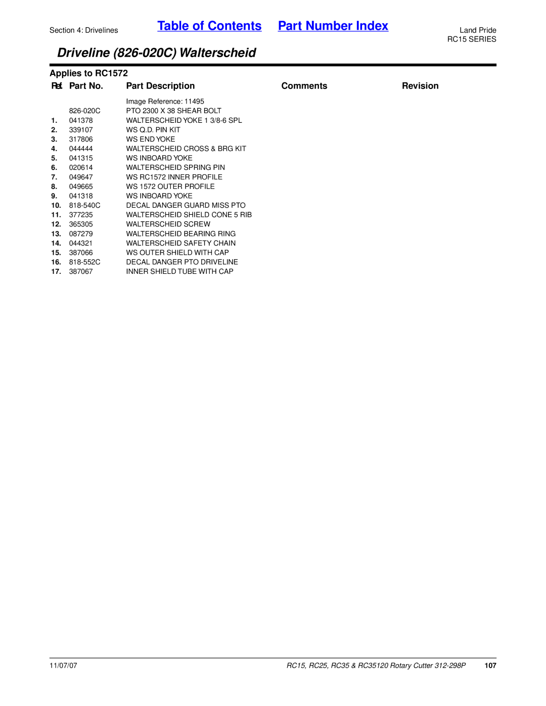 Land Pride RC35120, RC25 manual WS RC1572 Inner Profile, WS 1572 Outer Profile, WS Outer Shield with CAP 