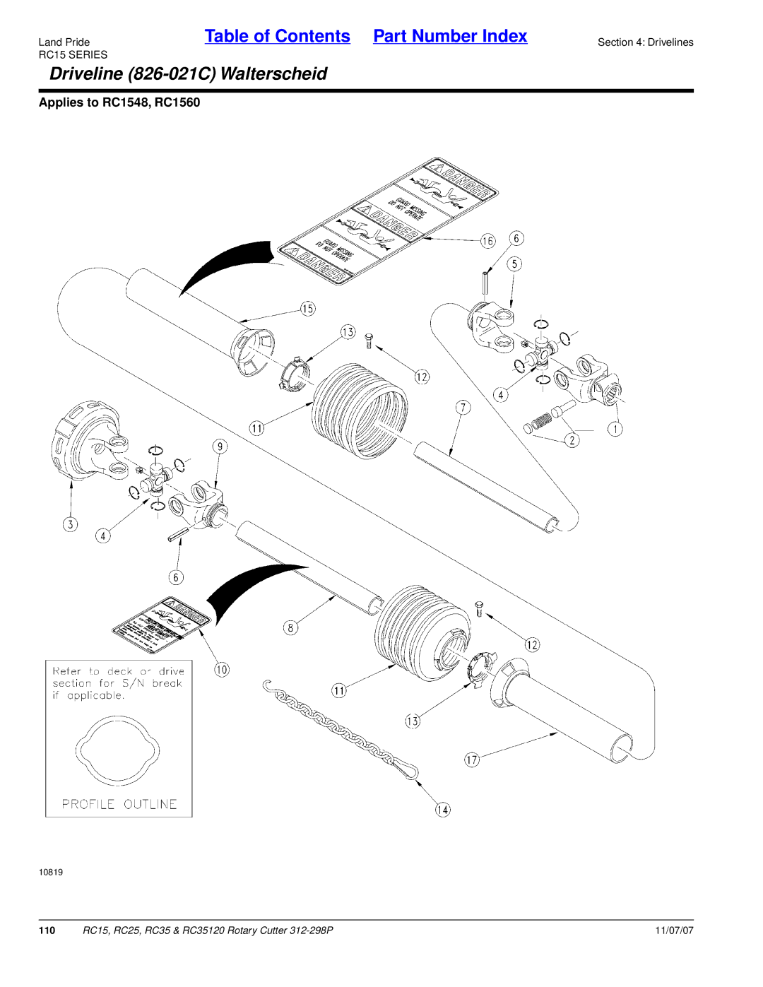 Land Pride RC25, RC35120, RC15 manual Driveline 826-021C Walterscheid 