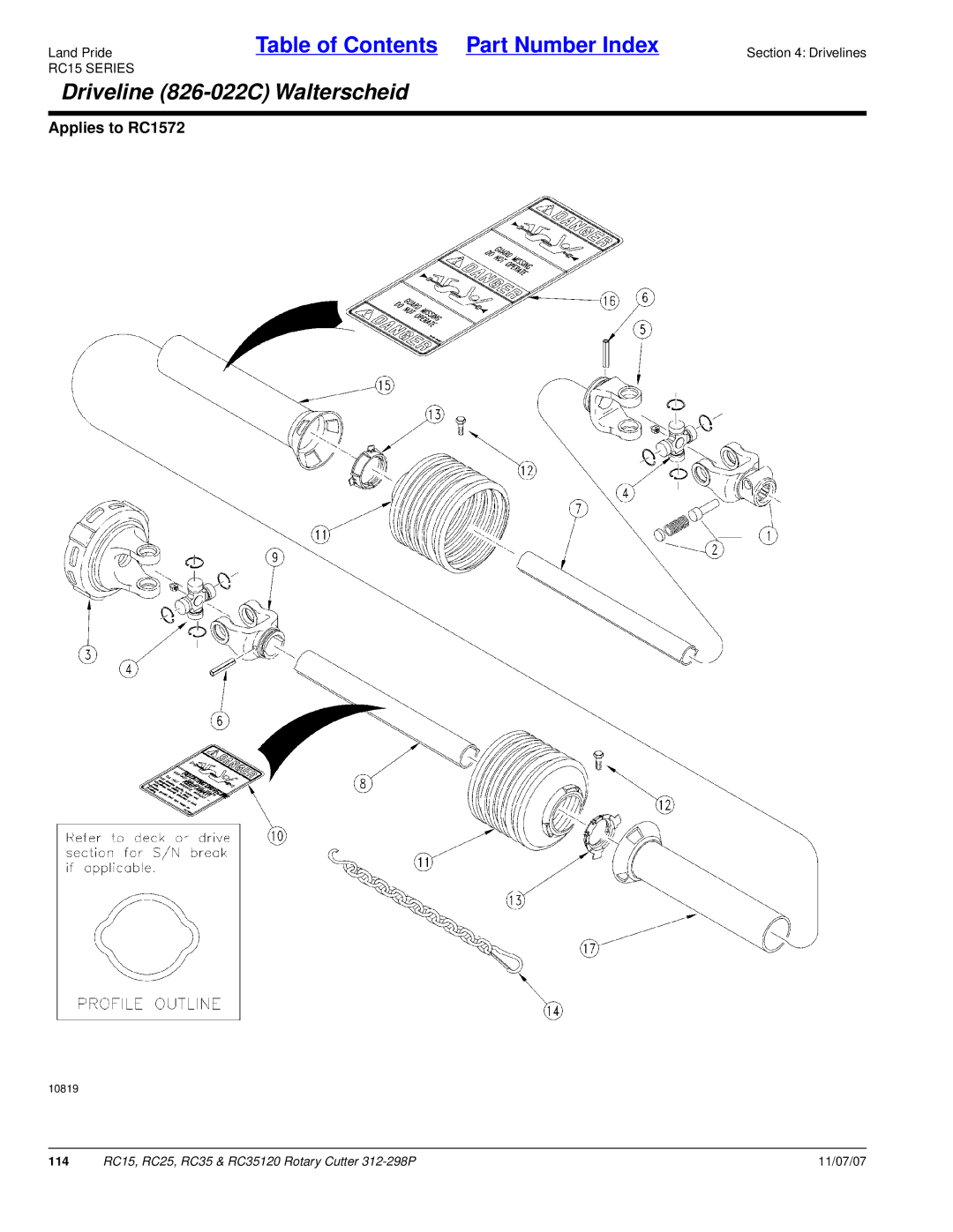 Land Pride RC25, RC35120, RC15 manual Driveline 826-022C Walterscheid 