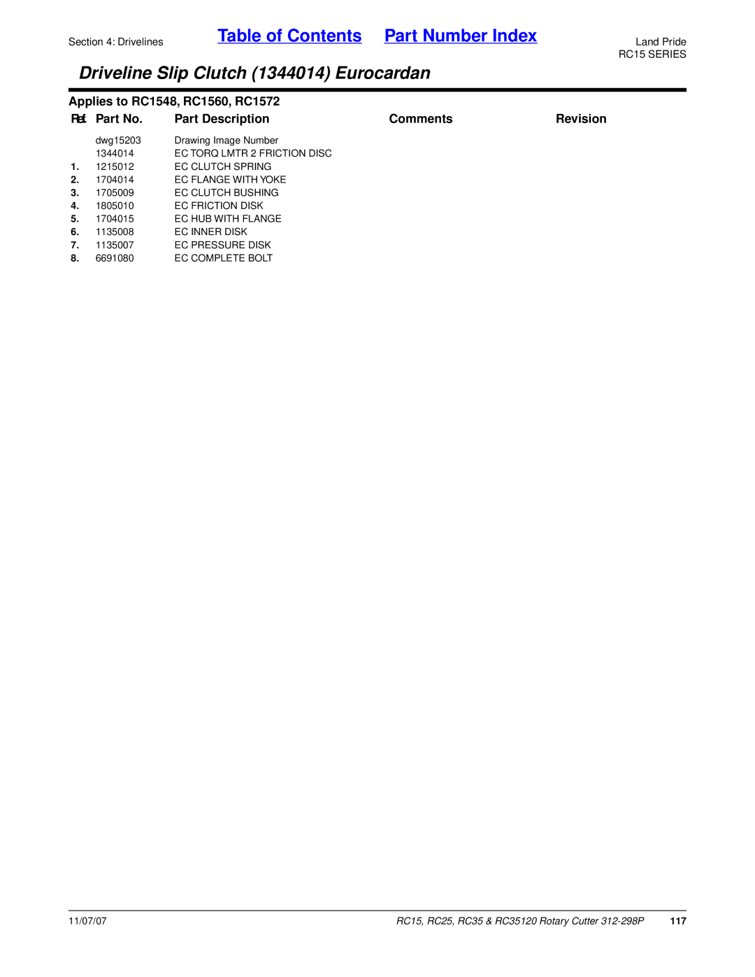 Land Pride RC35120, RC25 EC Clutch Spring, EC Flange with Yoke, EC Clutch Bushing, EC Friction Disk, EC HUB with Flange 