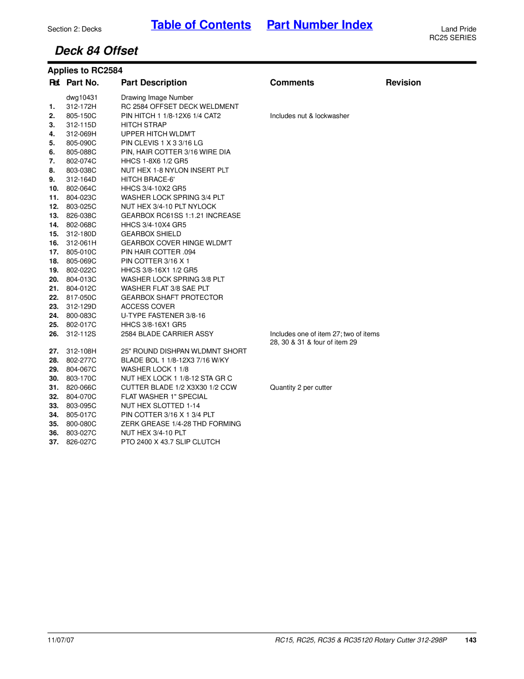 Land Pride RC15, RC35120, RC25 manual 312-172H RC 2584 Offset Deck Weldment, 27 -108H 25 Round Dishpan Wldmnt Short 