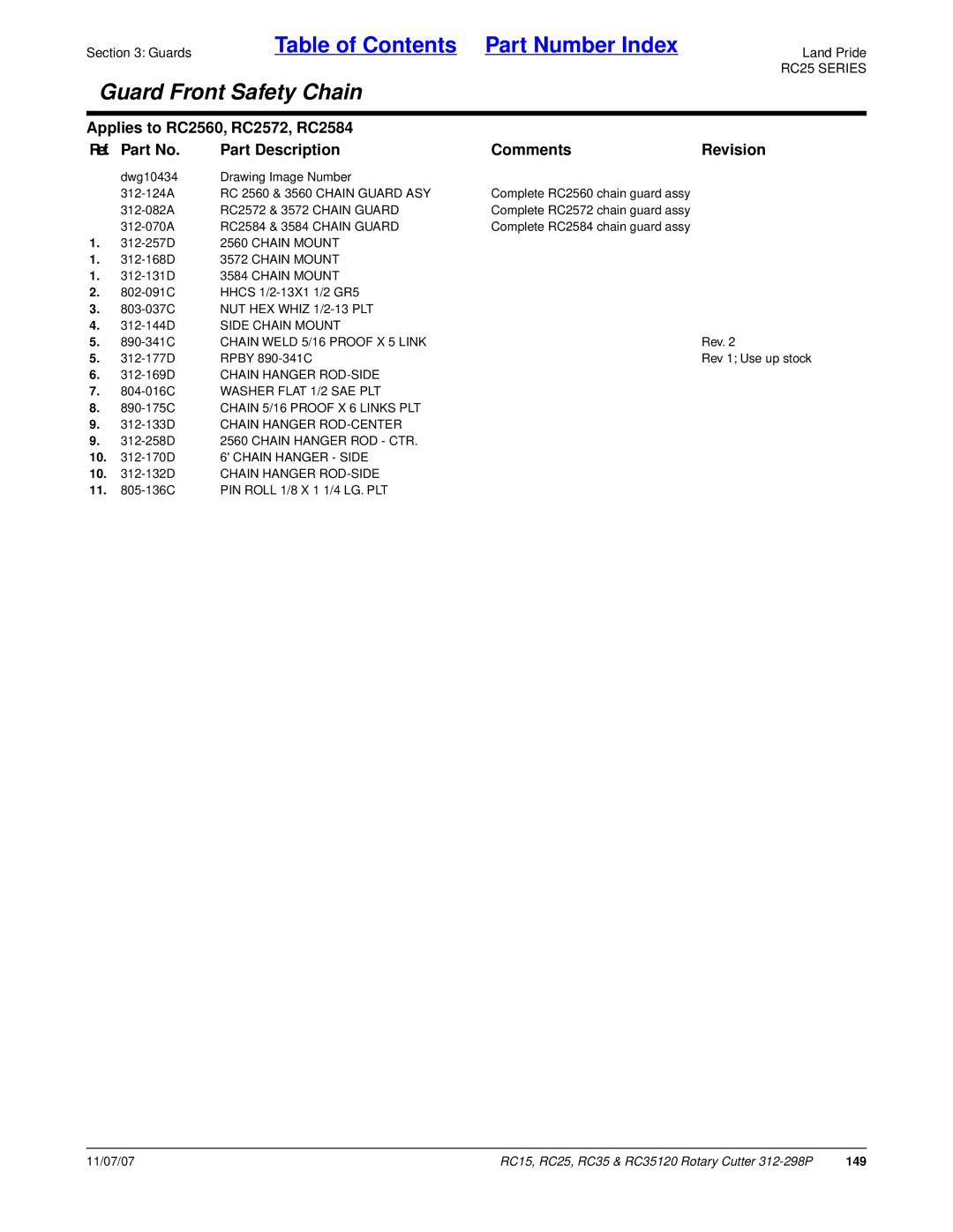 Land Pride RC35120, RC25, RC15 manual 312-133D Chain Hanger ROD-CENTER, 10 -132D Chain Hanger ROD-SIDE 