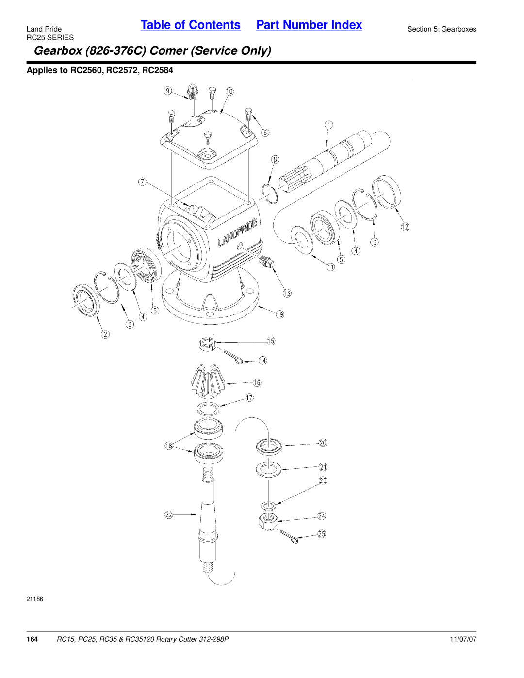 Land Pride RC35120, RC25, RC15 manual Gearbox 826-376C Comer Service Only 